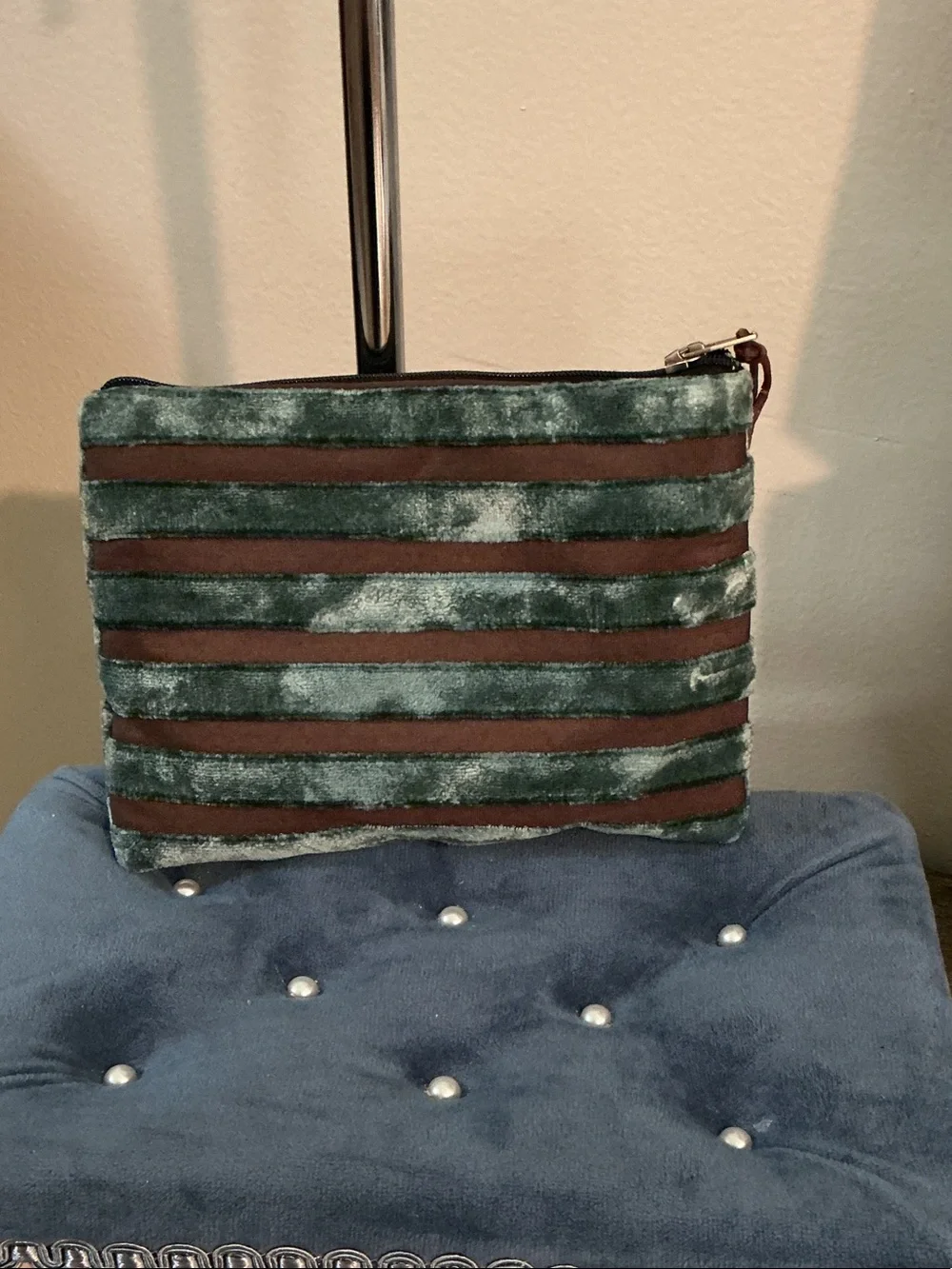 Edwina Ferro Teal Green and Brown Striped Velvet Cosmetic Pouch 6.5x5 EUC